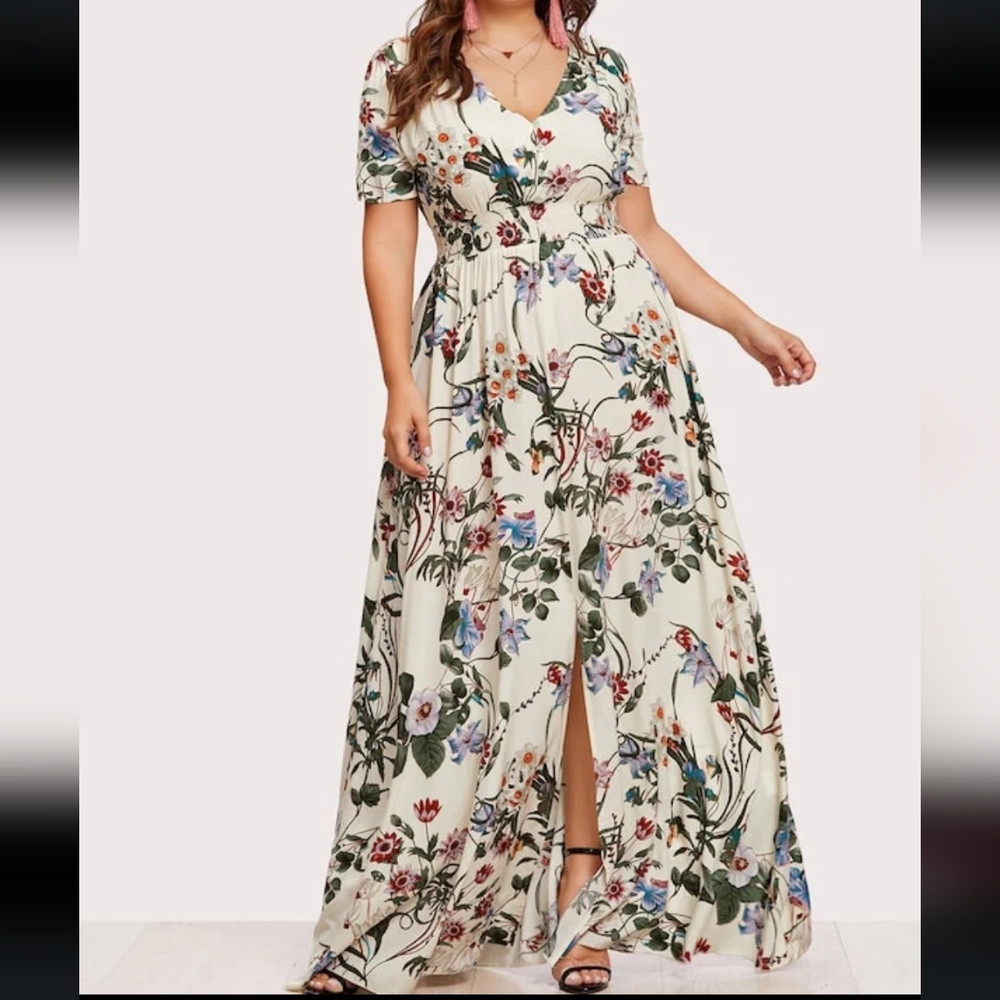 Plus Slit Button Up Front Floral Dress